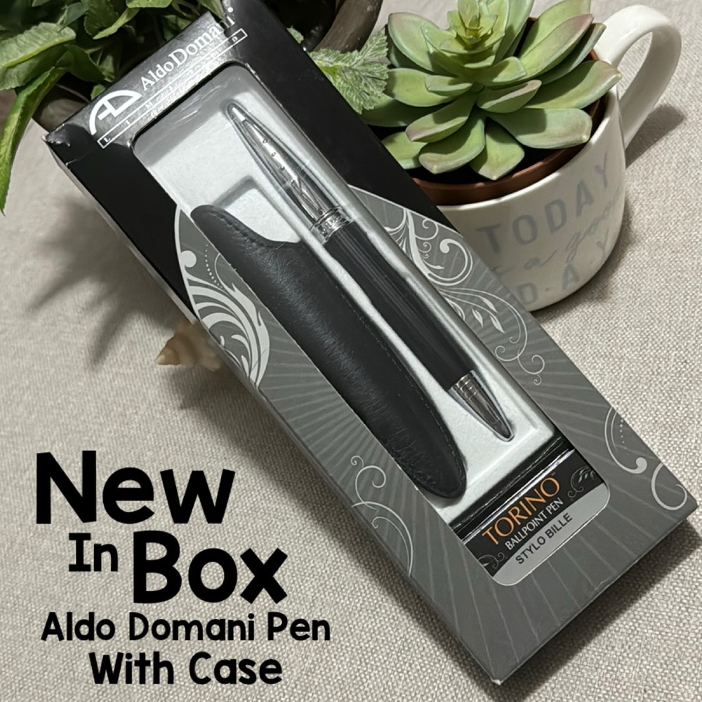 NEW-Incl Gift Box-Aldo Domani Pen/Leather Case-Black Ink-Silver Toned/Black